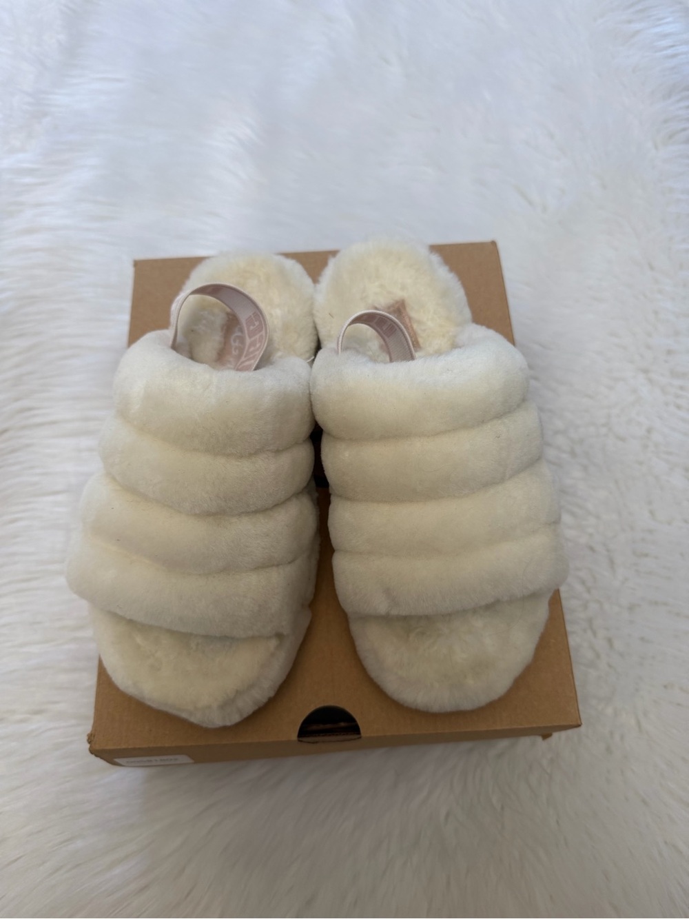 Ugg Off White Fluff Plush Shearling Slide Slippers Sz 6